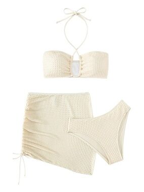 ValMarie Cream Textured Three-Piece Bikini Set with Skirt